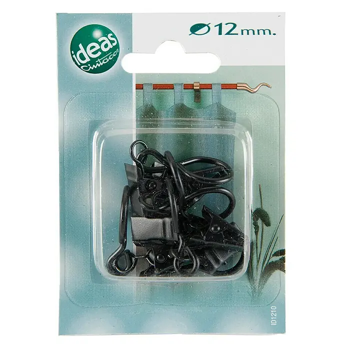 Anilla para cortinas con pinza Ideas 12 - Negro, 6 ud. - Paquete de rodillos de cortina y ganchos para pliegues, 12 mm de diámetro. Para barras de cortina y cortinas. Accesorios prácticos para decoración de ventanas.