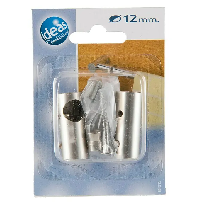 Soporte de pared Cilindro Ideas 12 - L x An x Al: 4 x 1,6 x 1,6 cm, Diámetro: 12 mm, Metal - Un paquete de dos soportes metálicos para barra de cortina de 12 mm completos con tornillos y tacos, empaquetados en un blíster de plástico transparente.