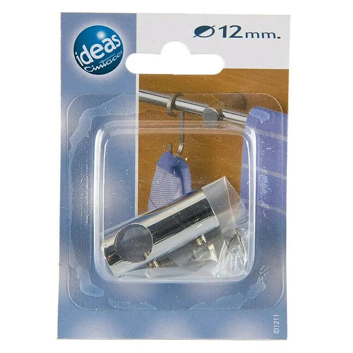 Soporte de pared Cilindro Central - L x An x Al: 4 x 1,6 x 1,6 cm, Diámetro: 12 mm, Metal, Cromo - Un soporte de barra de cortina de 12mm de Ideas Cintacor, empaquetado y listo para instalar. El conjunto incluye el soporte y los tornillos.