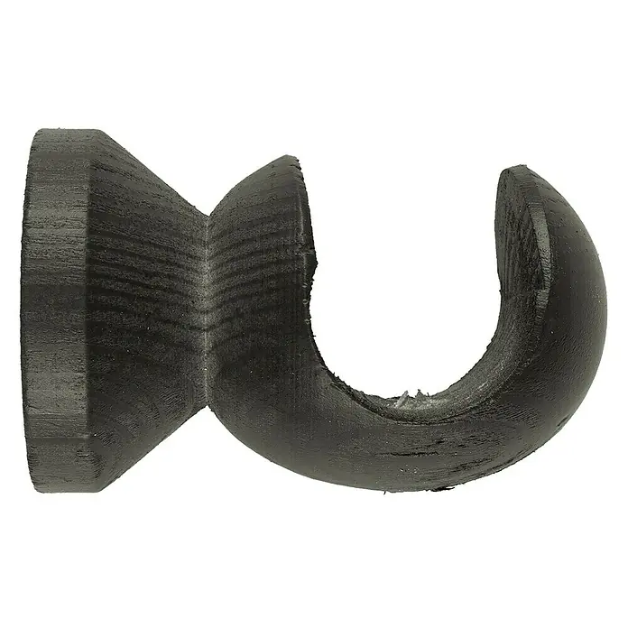 Soporte de techo Ideas Wood - Fume, Barras para las cortinas de Ø 28 mm - Primer plano de un recogedor de cortina de madera negra, que muestra su diseño de gancho curvo para un montaje seguro en la pared.
