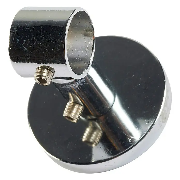Soporte de pared Cilindro 3 cm - L x An x Al: 4 x 1,6 x 1,6 cm, Diámetro: 12 mm, Metal - Primer plano de un soporte de barra de cortina cromado brillante con tornillos para sujetarlo.