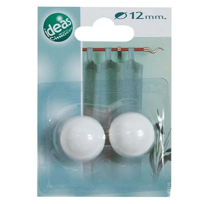 Tapones terminales Esfera - Blanco, 2 ud. - Dos abrazaderas magnéticas blancas para una fácil fijación de cortinas, empaquetadas en una tarjeta.