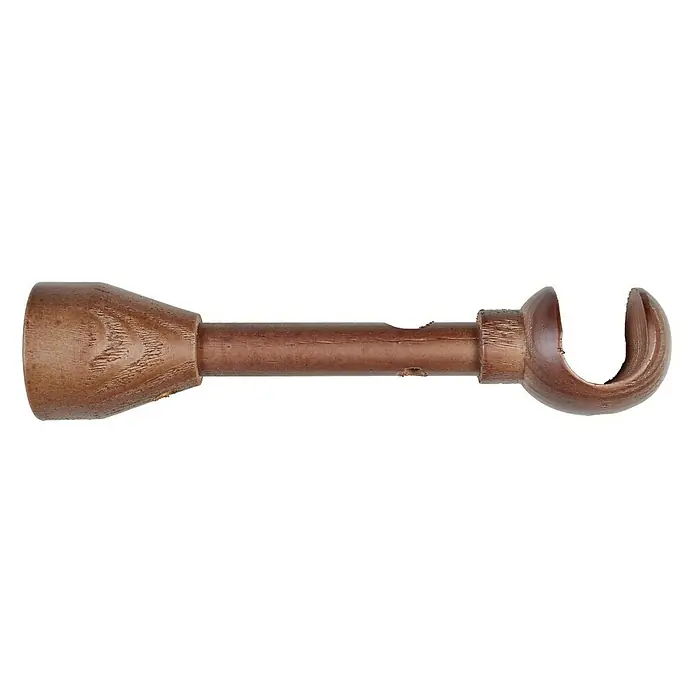 Soporte de pared Ideas Wood - L x An x Al: 23 x 5,1 x 5,1 cm, Diámetro: 28 mm, Madera, Nogal - Primer plano de un soporte de barra de cortina de madera marrón con piezas finales decorativas sobre un fondo blanco.