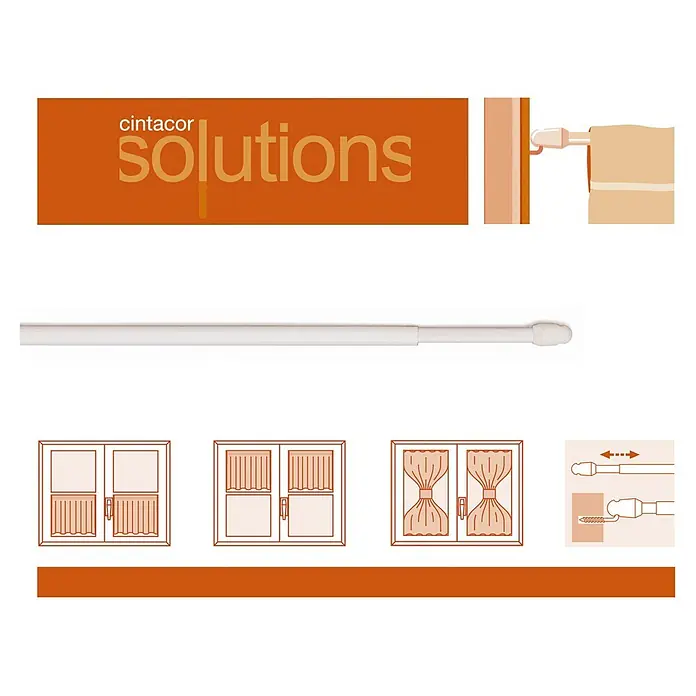 Barra para visillo plano - Largo: 30 cm, Blanco, 2 ud. - Ilustración de una barra de cortina extensible con varios diseños de cortina para ventanas. Soluciones prácticas para la decoración.