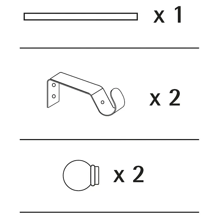 Barra para cortinas Kit metálico Báculo - Ø x L: 19 x 189 mm, Metal, Negro - Imagen de los componentes de una barra de cortina: una barra, dos soportes y dos terminales.