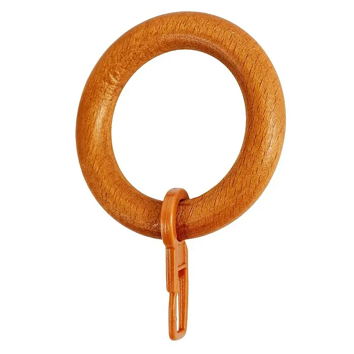 Anilla para cortinas miel - 8 ud., Diámetro: 28 mm, Redonda - Primer plano de un anillo de cortina de madera con clip de plástico. Ideal para sujetar cortinas a barras, aspecto natural.
