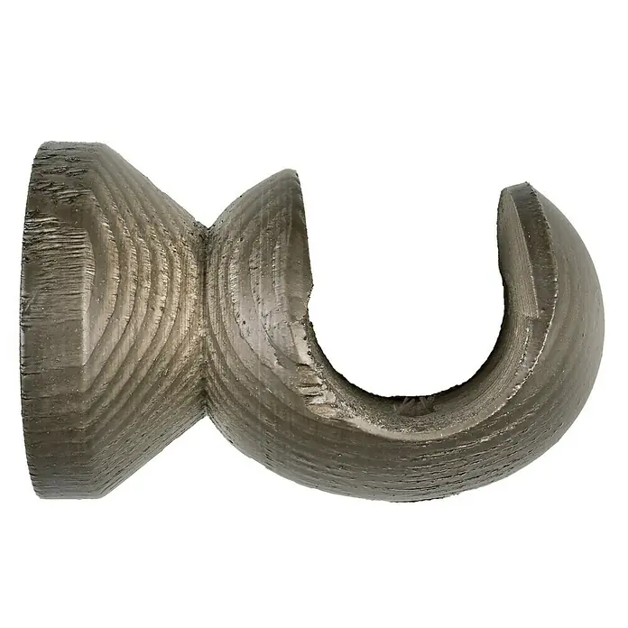Soporte de techo Ideas Wood - Cebrano, Barras para las cortinas de Ø 28 mm - Primer plano de un soporte de barra de cortina decorativo de madera color bronce con vetas visibles y un corte en forma de U.