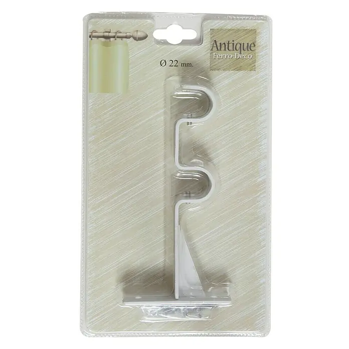 Soporte de pared Antique - L x An x Al: 16,9 x 2,5 x 8,5 cm, Diámetro: 22 mm, Metal - Un soporte triple blanco para barras de cortina de Antique Ferro-Deco, envasado, para la fijación de cortinas.