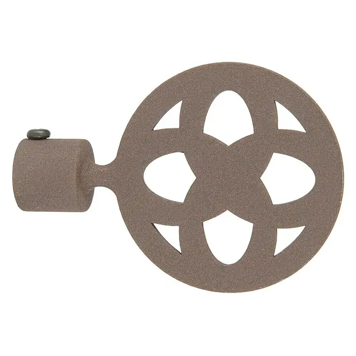 Tapa final Celosía - Óxido, 1 ud. - Primer plano de un remate de barra de cortina de color bronce, con un diseño circular decorativo y un montaje cilíndrico.