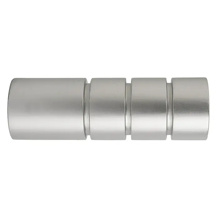 Tapa final Cilindro II Tendencias - Plateado, 1 ud. - Primer plano del extremo de una barra de cortina con acabado plateado y detalles cilíndricos. Ideal para decoraciones de ventanas elegantes.