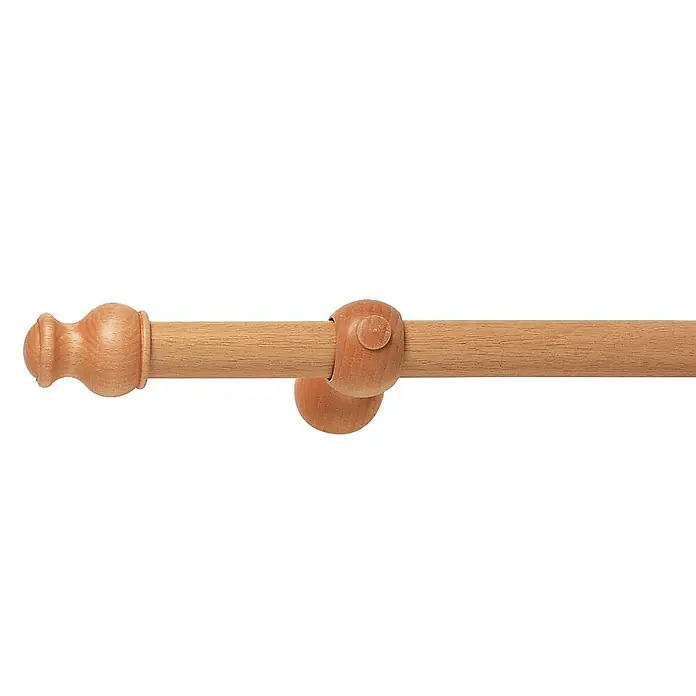 Barra para cortinas Kit madera - Ø x L: 28 mm x 200 cm, Madera, Pino - Primer plano de una barra de cortina de madera con un extremo decorativo y soporte, destacando la veta natural de la madera.