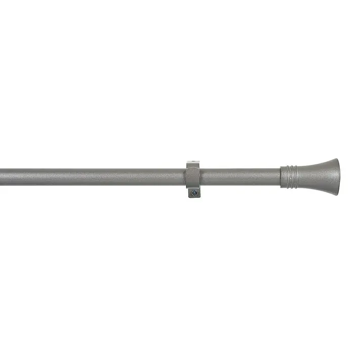 Barra para cortinas Kit modelo cono-anillo - Ø x L: 19 mm x 160 cm, Metal, Gris - Primer plano de una barra de cortina gris con un extremo decorativo y un soporte.