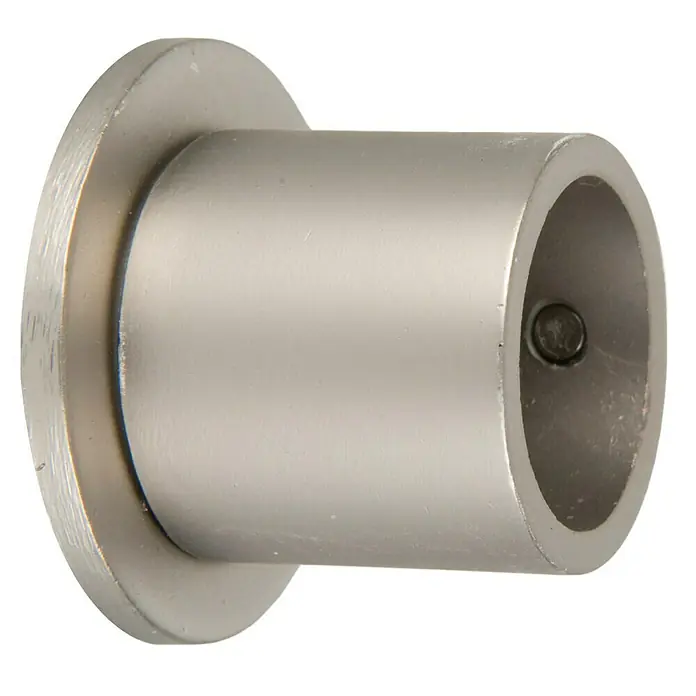 Tapa final Ferro-Wood - Plata, 1 ud. - Primer plano de un soporte para barra de cortina de color plateado con base redonda para montaje en pared.