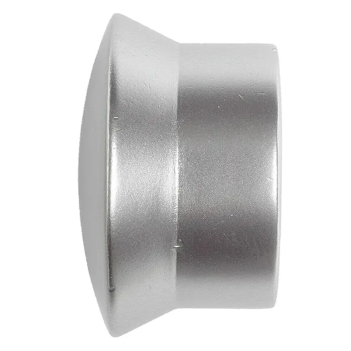 Tapa final Modelo Tope Tendencias - Plateado, 2 ud. - Primer plano de un tapón de extremo de varilla plateado, ideal para proyectos de mobiliario o decoración. La pieza metálica ofrece un aspecto limpio y estético.
