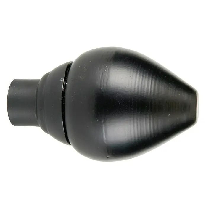 Tapa final Colonial Oval - Negro, 1 ud. - Primer plano de un remate de barra de cortina negro en forma de lágrima, que proporciona un acento elegante y funcional a cualquier ventana.