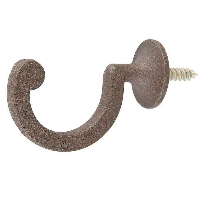 Alzapaños óxido - 4,4 x 0,5 x 2,5 cm, Metal - Primer plano de un solo gancho de sujeción de cortina marrón con tornillo para montaje en pared.