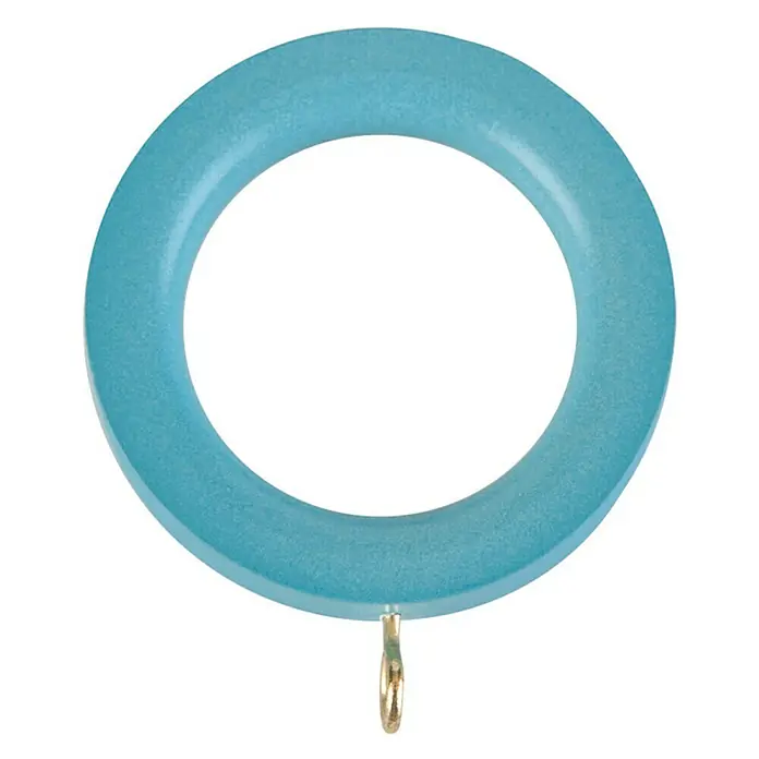Anilla para cortinas Colors - 8 ud., Diámetro: 22 mm, Turquesa, Redonda - Primer plano de una anilla de cortina turquesa con un pequeño gancho dorado utilizado para colgar las cortinas fácilmente.