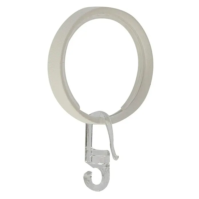 Anilla para cortinas Loft - 8 ud., Blanco, Redonda - Primer plano de un anillo de cortina blanco con gancho transparente, ideal para colgar cortinas.