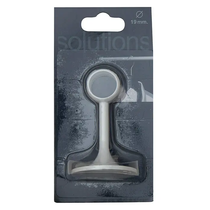 Soporte de pared central Solutions - L x An x Al: 7,8 x 4,7 x 4,7 cm, Diámetro: 19 mm, Metal, Blanco - Soporte de barra de armario blanco para una barra de 19 mm, empaquetado en plástico negro con "Solutions" impreso.