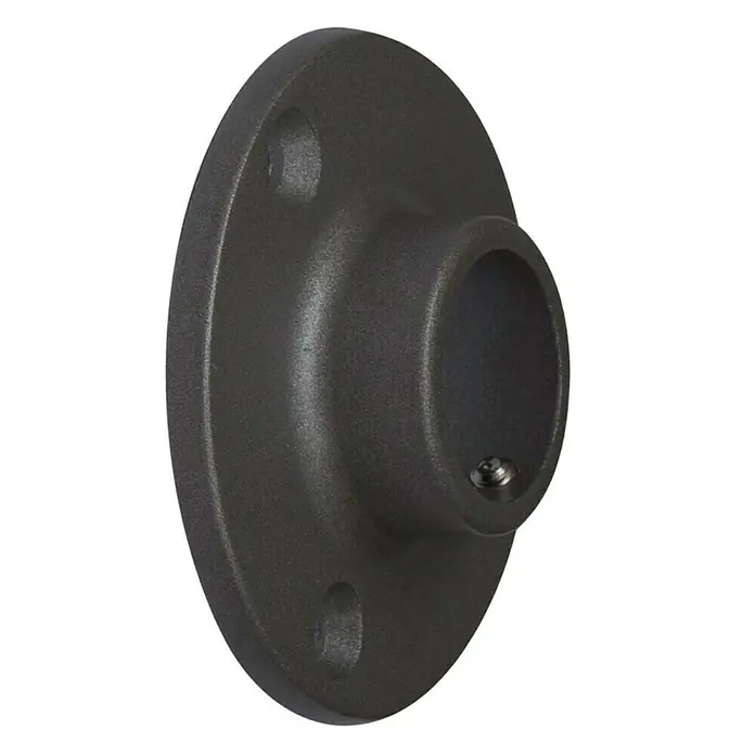 Soporte de pared para armario - L x An x Al: 1,5 x 5,3 x 5,3 cm, Diámetro: 19 cm, Metal, Gris - Primer plano de un robusto soporte de brida de barra de armario gris oscuro para instalación en pared.