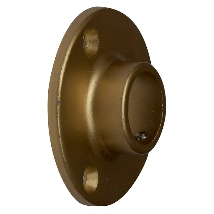 Soporte de pared para armario bronce - L x An x Al: 1,5 x 5,3 x 5,3 cm, Diámetro: 19 cm, Metal - Primer plano de una barra de armario dorada con un soporte de brida y dos orificios para tornillos.