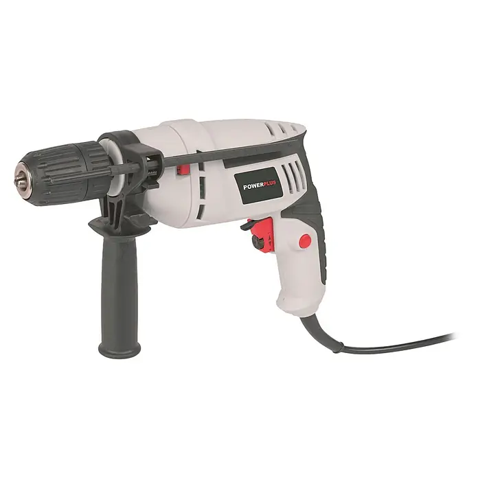 PowerPlus Taladro percutor POWC10200 - 600 W - Un taladro de impacto POWERPLUS gris con un portabrocas negro y un mango auxiliar.