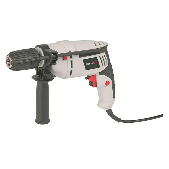 PowerPlus Taladro percutor POWC10200 - 600 W - Un taladro de impacto POWERPLUS gris con un portabrocas negro y un mango auxiliar.