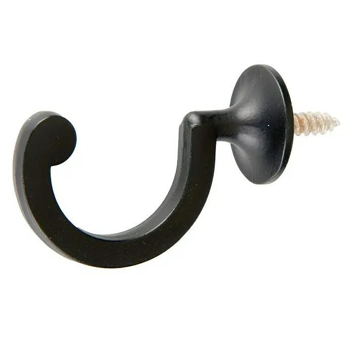Alzapaños Colonial negro - 4,4 x 0,5 x 2,5 cm, Metal - Primer plano de un recogedor de cortina negro con tornillo para fijación a la pared.