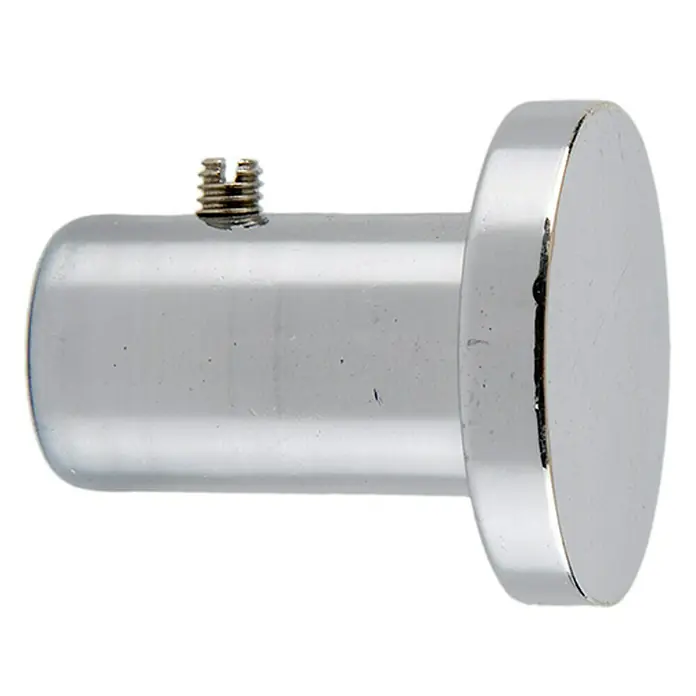 Gancho para colgar Alzapaño - L x An x Al: 3,1 x 2,8 x 2,8 cm, Metal, Cromo - Primer plano de un soporte de barra de cortina brillante de color plateado con un tornillo de fijación para una sujeción segura.