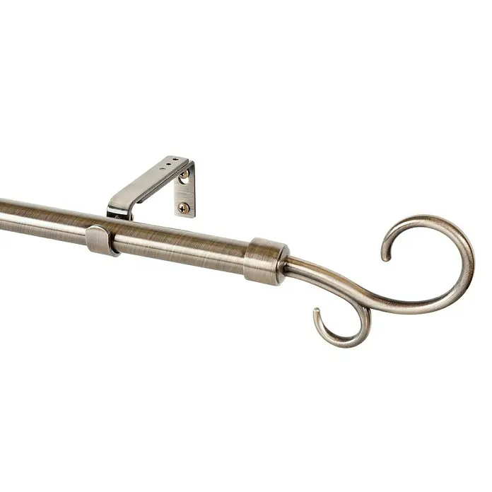 Alzapaños Solutions - 4,4 x 0,5 x 2,5 cm, Metal, Oro - Primer plano de una barra de cortina de metal con terminales decorativos y un soporte de montaje.