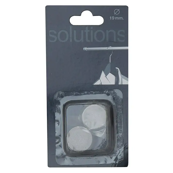 Tapones terminales Solutions armario - Gris, 2 ud. - Un paquete de dos almohadillas antideslizantes grises "Solutions" con un diámetro de 19 mm para perchas de ropa, envasadas en un blíster negro.