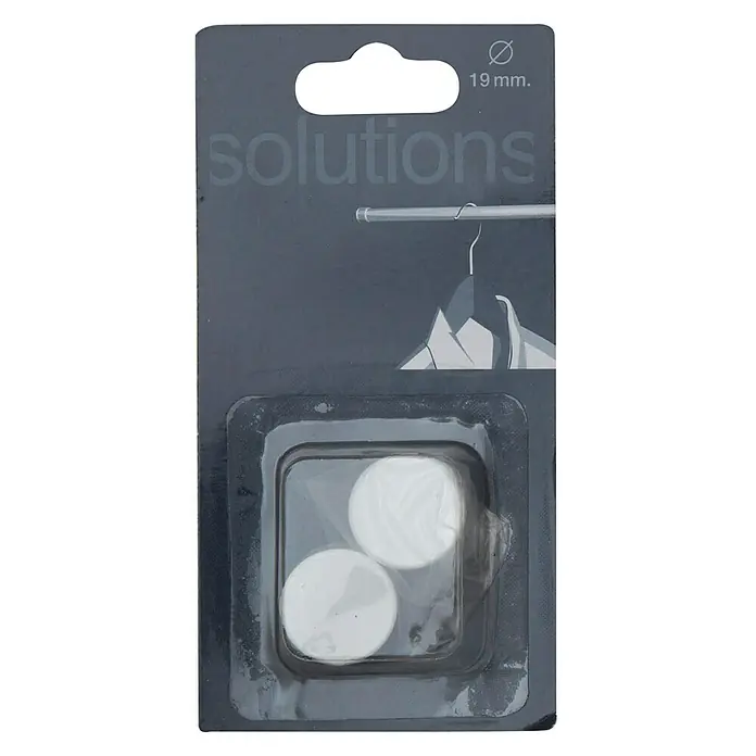 Tapones terminales Solutions armario - Blanco, 2 ud. - La imagen muestra un paquete de deslizadores para muebles "Solutions", de 19 mm de diámetro, presentados en un embalaje gris con orificio para colgar.
