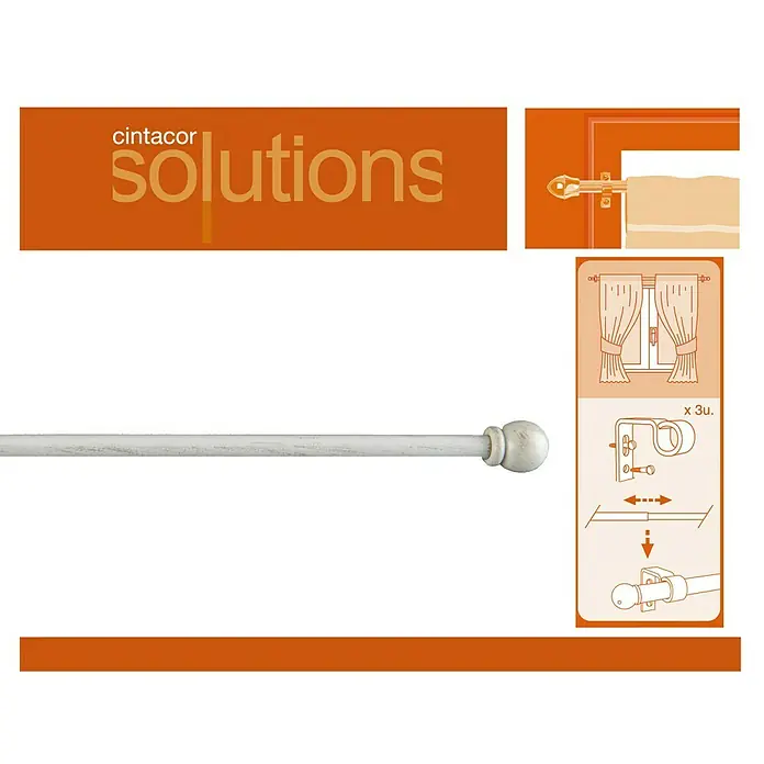 Barra para visillo Deco Esfera - Largo: 50 cm, Blanco Oro - Imagen de una barra de cortina blanca Cintacor Solutions, con accesorios e instrucciones de montaje para una fácil instalación.