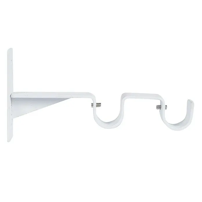 Soporte de pared Antique - L x An x Al: 16,9 x 2,5 x 8,5 cm, Diámetro: 22 mm, Metal - Primer plano de un soporte de barra de cortina doble blanco, diseñado para ser montado en una pared y sujetar dos barras.