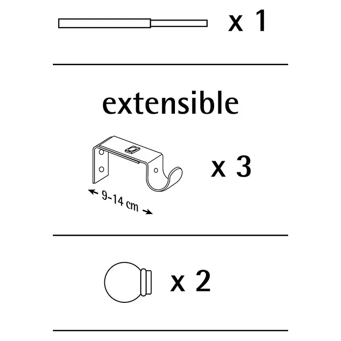Barra para cortinas Kit modelo cono-anillo - Ø x L: 19 mm x 160 cm, Metal, Gris - Ilustración de un juego de barra de cortina extensible, que incluye la barra, los soportes y los terminales.