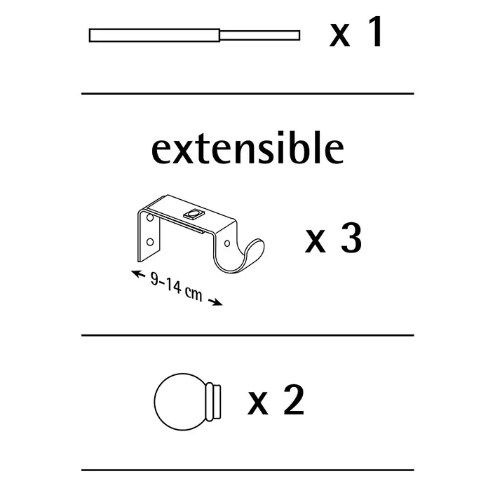 Barra para cortinas Kit Esfera Anillo - Ø x L: 19 x 160 mm, Metal, Blanco - Ilustración de un juego de barra de cortina extensible, que incluye la barra, los soportes y los terminales.