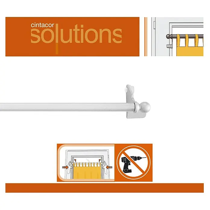 Barra para visillo Presión esfera - Largo: 60 cm, Blanco - Primer plano de una barra de cortina blanca extensible con accesorios e instrucciones de montaje.