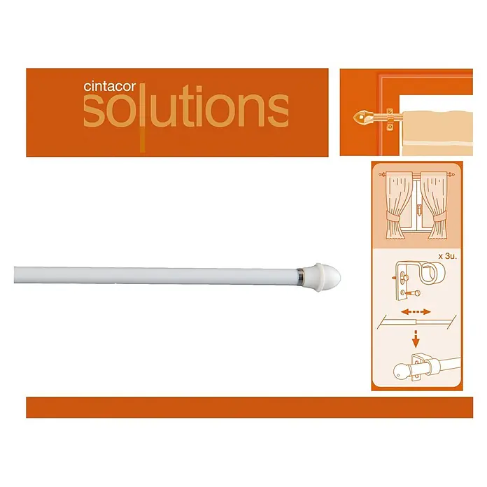 Barra para visillo Modelo Clásico - Largo: 120 cm, Blanco - Imagen del producto de una barra de cortina Cintacor mostrada en un embalaje naranja con instrucciones y la marca "Solutions".