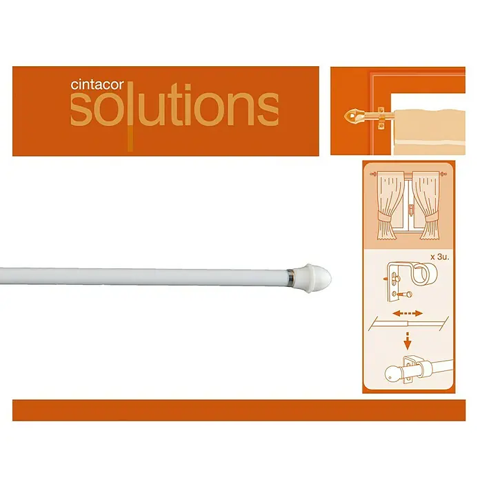 Barra para visillo Modelo Clásico - Largo: 48,5 cm, Diámetro: 11 mm, Blanco - Imagen del producto de una barra de cortina Cintacor mostrada en un embalaje naranja con instrucciones y la marca "Solutions".
