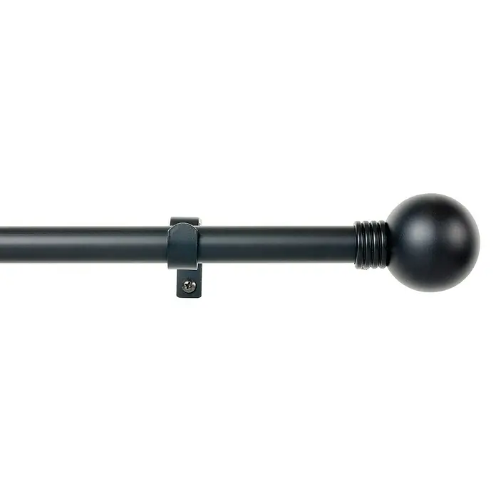 Barra para cortinas Kit Esfera Anillo - Ø x L: 19 mm x 110 cm, Metal, Negro - Primer plano de una barra de cortina negra con un extremo redondo y un soporte fijado a una pared blanca.