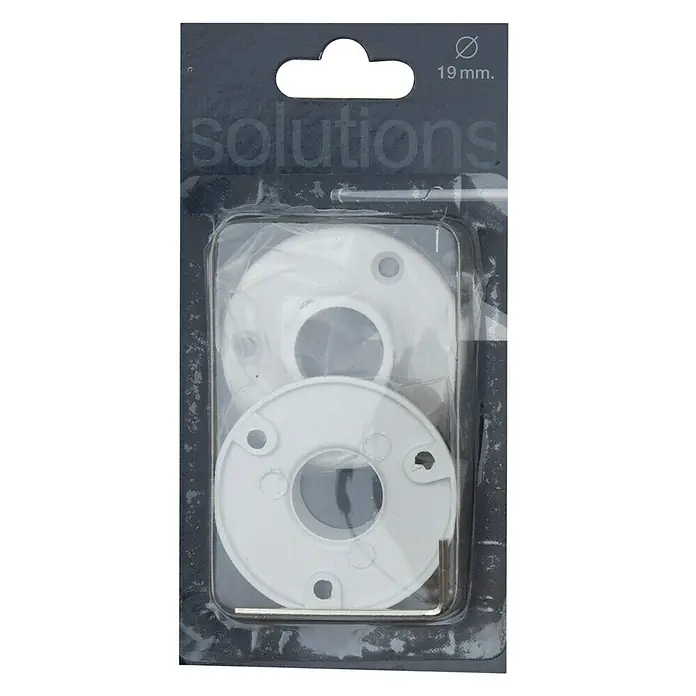 Soporte de pared para armario - L x An x Al: 1,5 x 5,3 x 5,3 cm, Diámetro: 19 cm, Metal, Blanco - Paquete con dos collarines de tubo blancos de 19 mm y una llave Allen, para fontanería o calefacción.