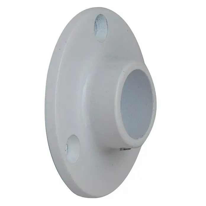 Soporte de pared para armario - L x An x Al: 1,5 x 5,3 x 5,3 cm, Diámetro: 19 cm, Metal, Blanco - Primer plano de una brida blanca para barra de armario, diseñada para una fijación segura a una pared u otra superficie.