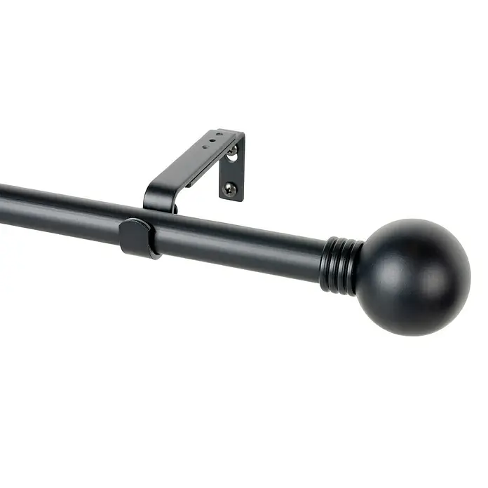Barra para cortinas Kit Esfera Anillo - Ø x L: 19 x 160 mm, Metal, Negro - Barra de cortina negra con remate de bola y soporte de pared.