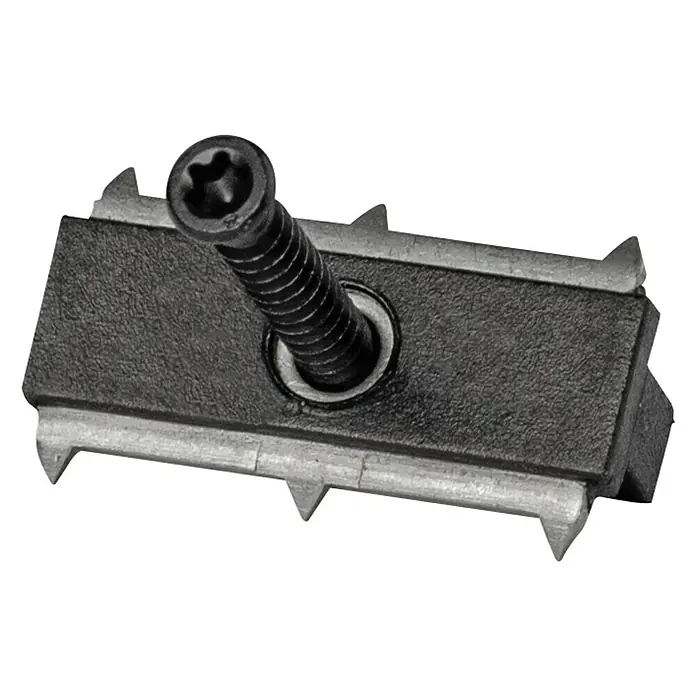 b!design Universal-Terrassen-Clip - 100 Stk. - Nahaufnahme einer T-Nut Mutter mit Schraube, ein Befestigungselement für Nutprofile.