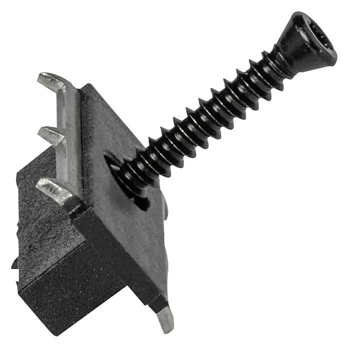 b!design Universal-Terrassen-Clip - 100 Stk. - Nahaufnahme einer schwarzen Blechmutter mit Schraube, ein unverzichtbares Befestigungselement für verschiedene Anwendungen.