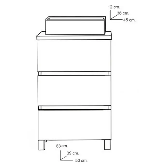 Artysan Mueble bajo de lavabo Colours Slim - L x An x Al: 39 x 50 x 83 cm, Azul - Esquema de una cómoda con un recipiente rectangular encima, incluyendo las medidas.