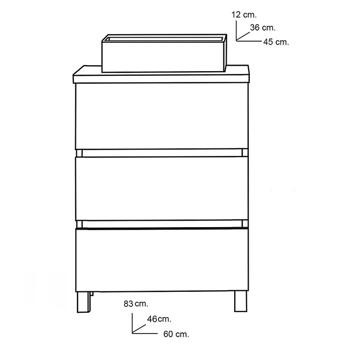 Artysan Mueble bajo de lavabo Colours - An x Pr x Al: 60 x 44,6 x 83 cm, Nature - La imagen muestra una cómoda con cajones y una pequeña sección superior, con dimensiones en centímetros.