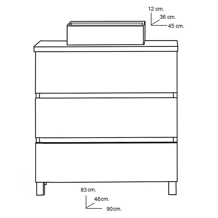 Artysan Mueble bajo de lavabo Colours - An x Pr x Al: 90 x 44,6 x 83 cm, Nature - Una cómoda con tres cajones y un recipiente superior rectangular, mostrada en un dibujo técnico con dimensiones.