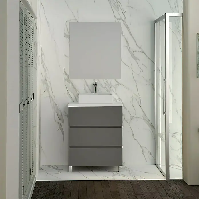 Artysan Mueble bajo de lavabo Colours Slim - L x An x Al: 39 x 50 x 83 cm, Antracita - Esta imagen muestra un tocador moderno con un gabinete gris, un lavabo sobre encimera blanco y un espejo a juego en un baño elegante.