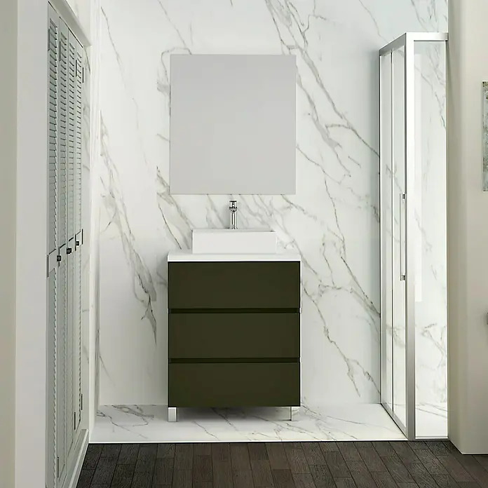Artysan Mueble bajo de lavabo Colours Slim - L x An x Al: 39 x 50 x 83 cm, Musgo - Interior de baño moderno con un elegante mueble de lavabo con cajones verde oscuro y espejo cuadrado.